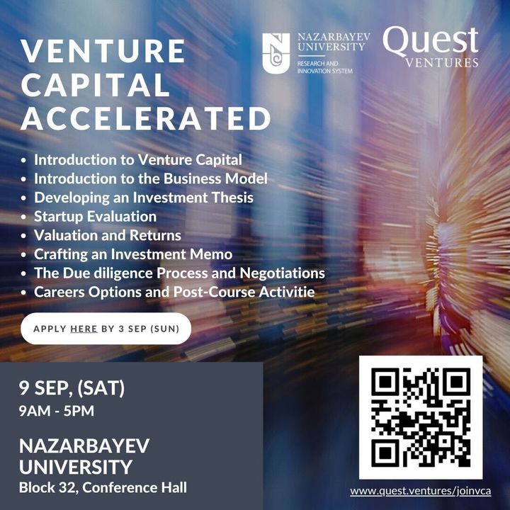Quest Ventures is rolling out Venture Capital Accelerated (VCA) on 9 September 2023 (Sat) in Almaty, Kazakhstan 🇰🇿 

This 1-day in-person program demystifies venture capital deals and startup financing. If you are an ...
facebook.com/55460626004943…