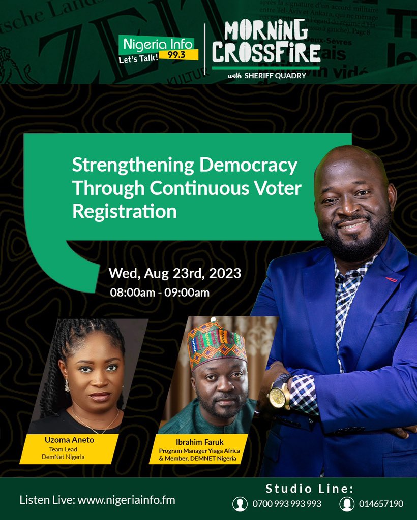DemnetNG's tweet photo. TUNE IN:
DEMNET Nigeria Team Lead, @AnetoUzoma & @YIAGA Program Manager, @IbrhmFaruk will he live on @NigeriainfoFM to discuss ‘Strengthening Democracy through Continuous Voter Registration. #Register18 https://t.co/iMrIsEQF66