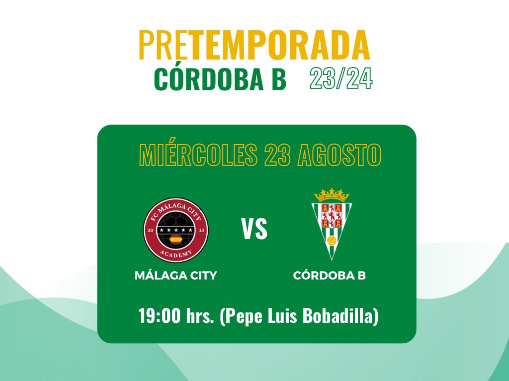 ➡️ Esta tarde el #CórdobaB disputará en Nerja un nuevo test de preparación ⤵️

🆚 <a href="/FCMalagaCity/">FC Malaga City Academy</a> 
⏰ 19:00 h
📍Pepe Luis Bobadilla 

#PretemporadaCCFB