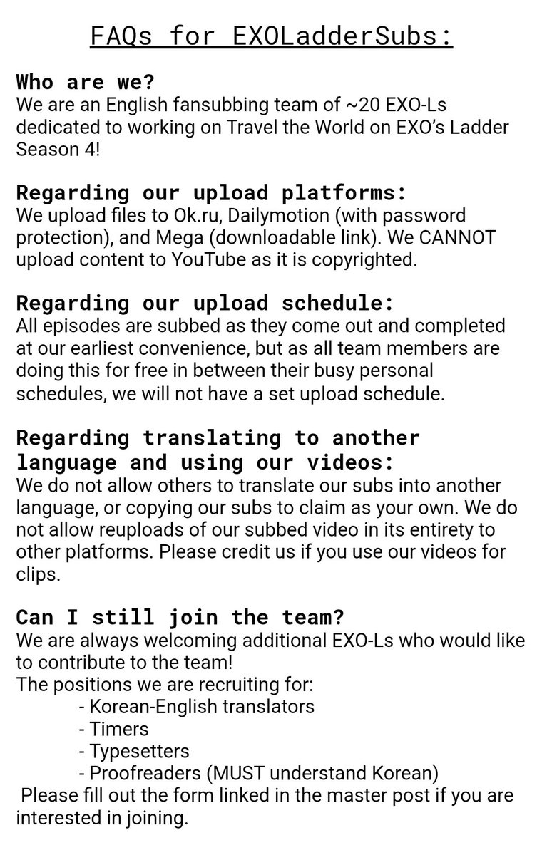 EXOLadderSubs's tweet image. Hello, we are EXOLadderSubs! We are an English subbing team for EXO's Ladder Season 4 🪜🤍

Below you can find our FAQ and a thread of our subbed episodes.
• Join the team: forms.gle/sgNXdjWyyqweA8…
• Episode masterlist (updated as subs are completed): docs.google.com/spreadsheets/d…