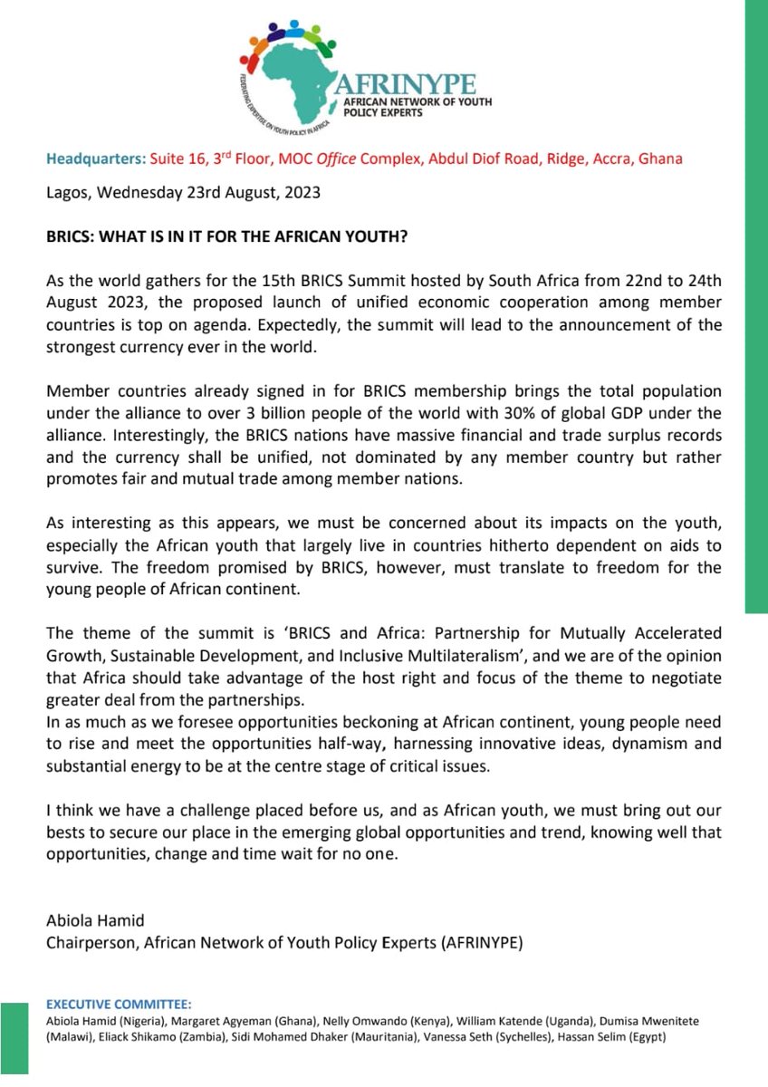 📄READ📄
As #BRICSSummit2023 gets into day 2, our Chairperson <a href="/abiolahamid/">Abiola Hamid</a> advises "Young people need to rise &amp; meet  opportunities half-way, harnessing innovative ideas, dynamism and substantial energy to be at the centre stage of critical issues".

#ProgressiveYouth #AfriNYPE