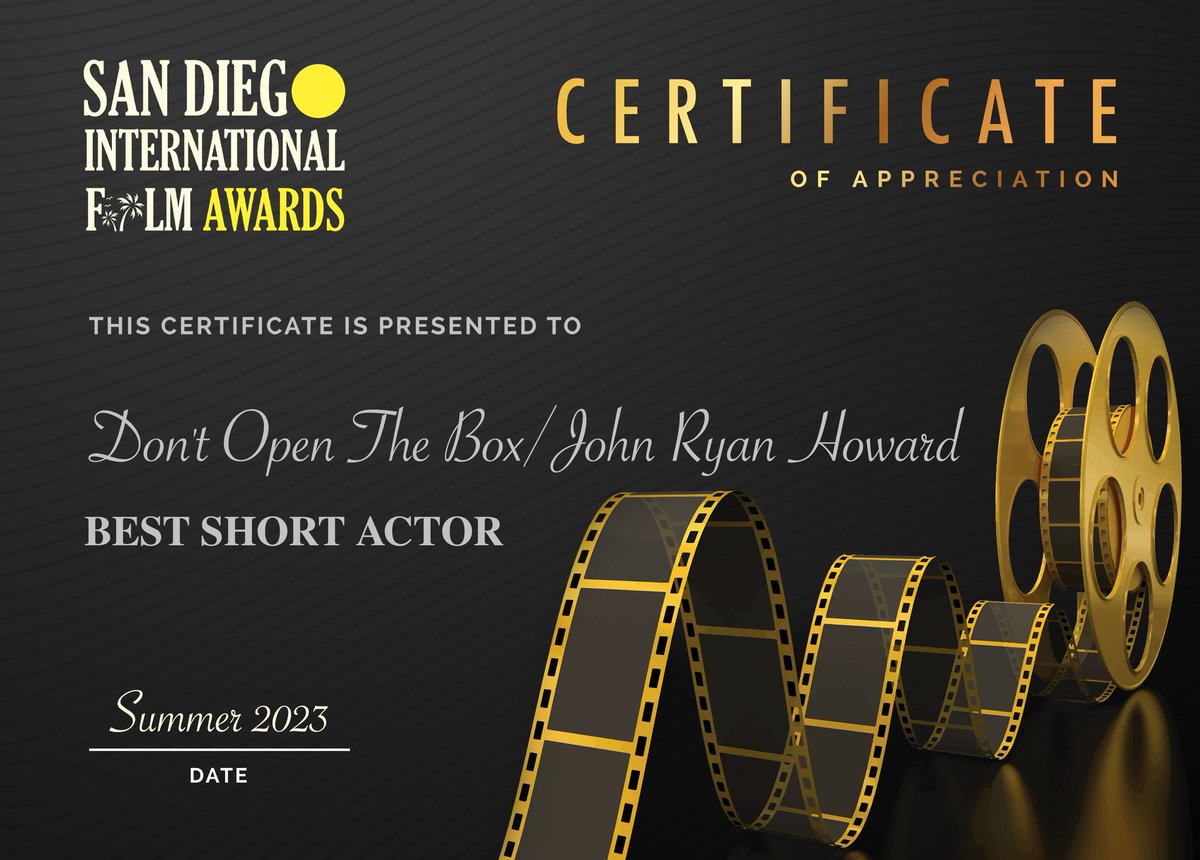 JohnRyanHoward's tweet photo. Thrilled to win 'Best Short Actor' at San Diego International Film Awards for 'Don't Open The Box!'

Huge thanks to the judges in San Diego International and to Sean Breathnach for giving me the wonderful opportunity!

#DontOpenTheBoxFilm #FilmAwards #IrishFilm #IrishActors https://t.co/qaQlzw7z6F