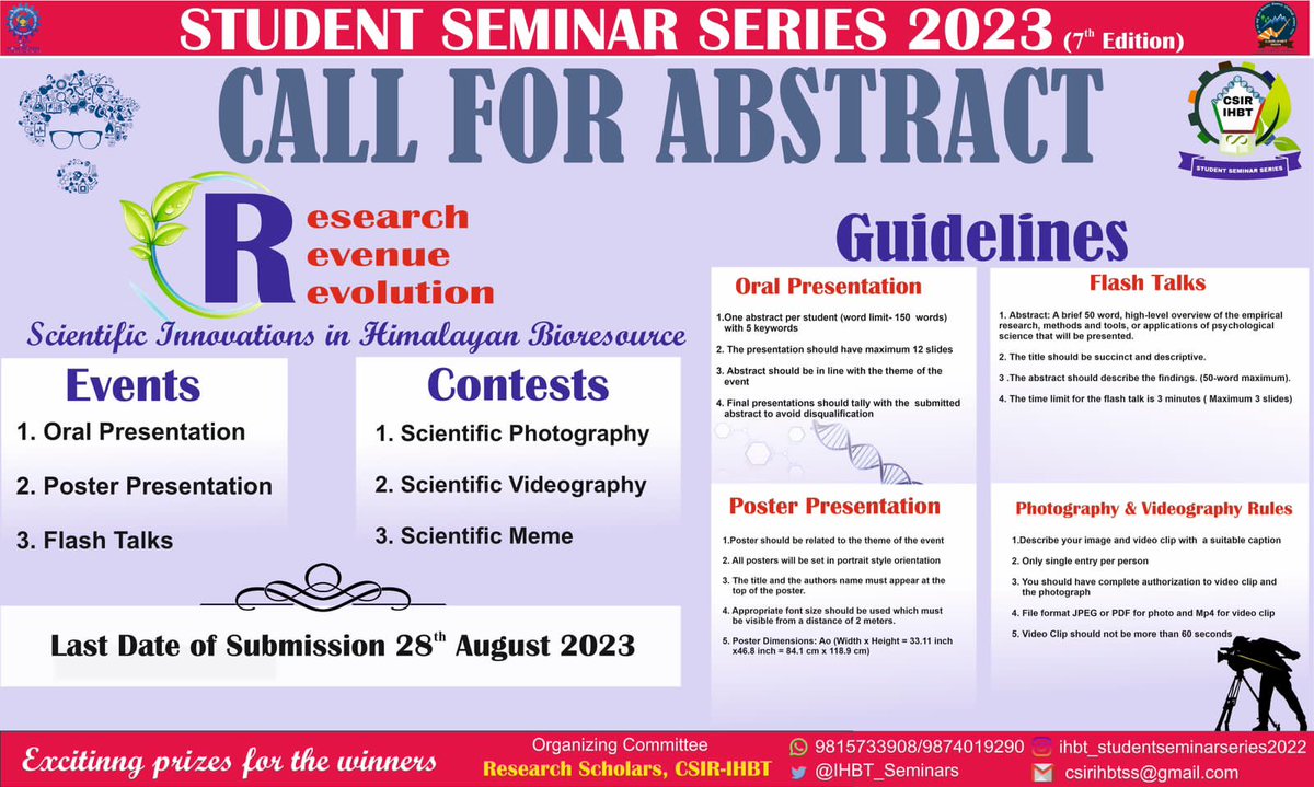 Guidelines for the Events and Contests of 7th Student Seminar Series-2023.
<a href="/AcSIR_India/">AcSIR</a> <a href="/CSIR_IND/">CSIR, India</a> <a href="/CSIR_IHBT/">CSIR-Institute of Himalayan Bioresource Technology</a> <a href="/IndiaDST/">DSTIndia</a> <a href="/DrNKalaiselvi/">N Kalaiselvi</a> <a href="/dgcsirIndia/">DG, CSIR</a> <a href="/PhDVoice/">PhD Voice - Independently Run</a> 
#seminar #event #contest #student #csir #ihbt #trending #retweet