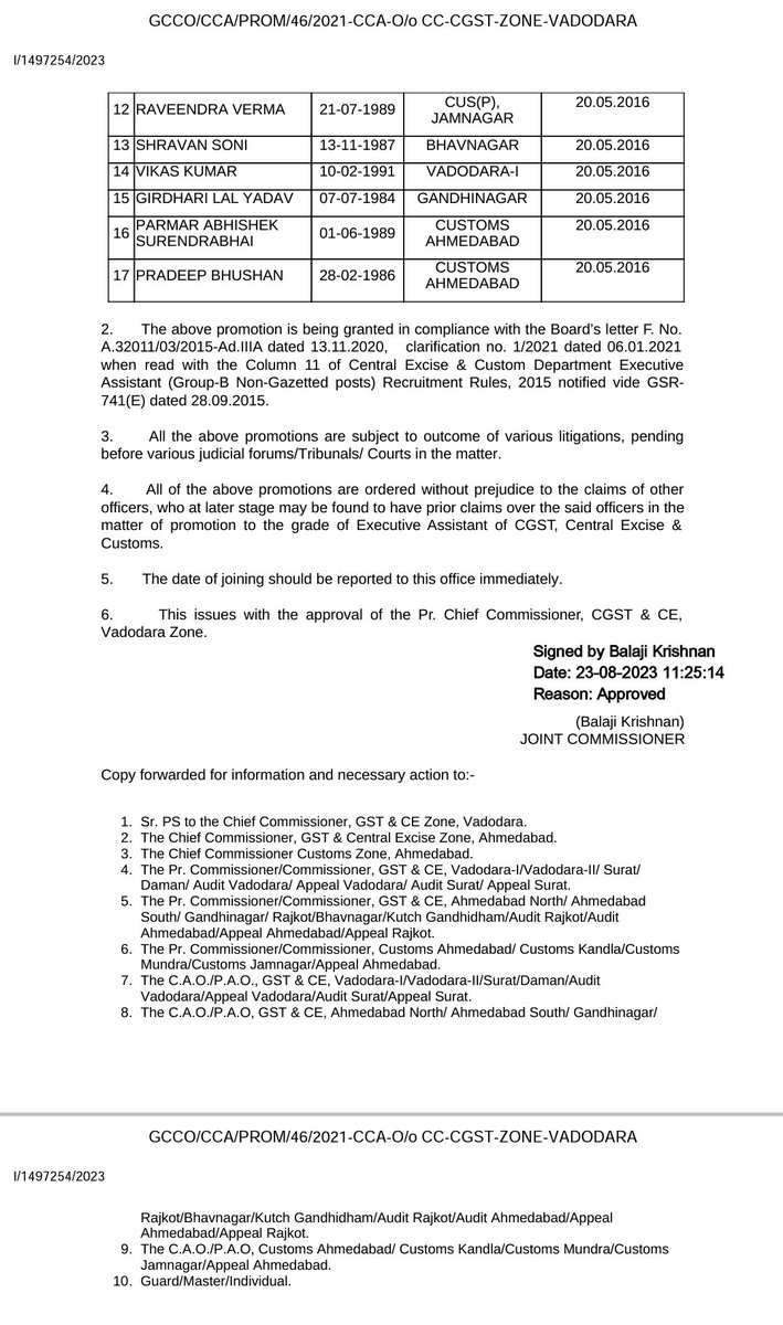 The association is thankful to Hon'ble Joint Secretary(Admin) of <a href="/cbic_india/">CBIC</a>  for visiting the <a href="/cgstvdrzone/">CGST Vadodara Zone</a>, becoz of this visit, a complicated issue is resolved and 17 officers are regularized in the grade of EA. (1/2)
<a href="/FinMinIndia/">Ministry of Finance</a> <a href="/nsitharaman/">Nirmala Sitharaman</a> <a href="/mppchaudhary/">Pankaj Chaudhary</a>