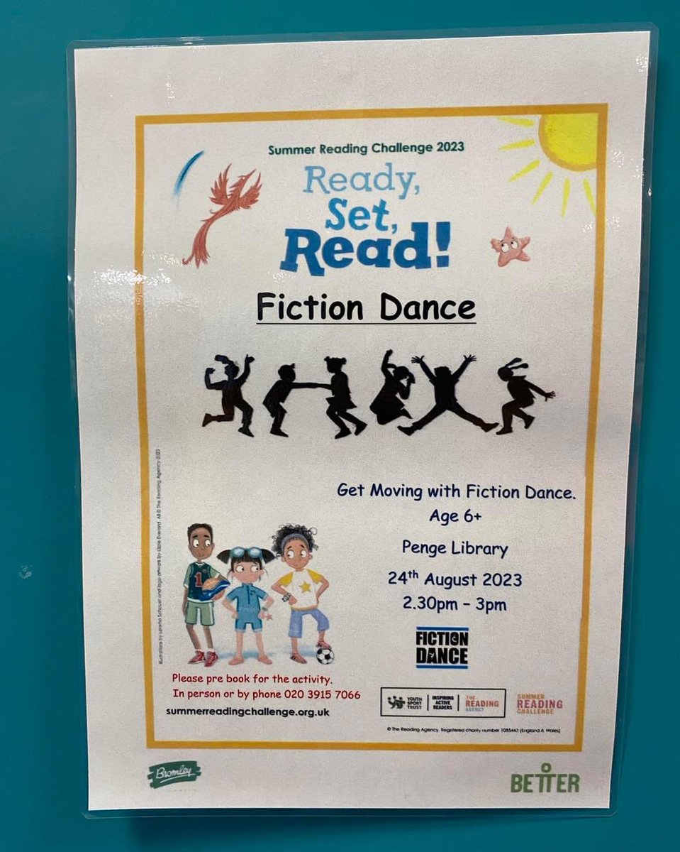 BromLibraries's tweet photo. Get moving with @FictionDance at #PengeLibrary TOMORROW 2.30-3pm Age 6+
Please contact the library to book your place on 020 3915 7066 #SummerReadingChallenge @LBofBromley @Better_UK @readingagency @YouthSportTrust @SFlemingTPA @HPACR @HPAKentHouse @StJohnsBromley @BromleyWell https://t.co/ltmymbrXv7