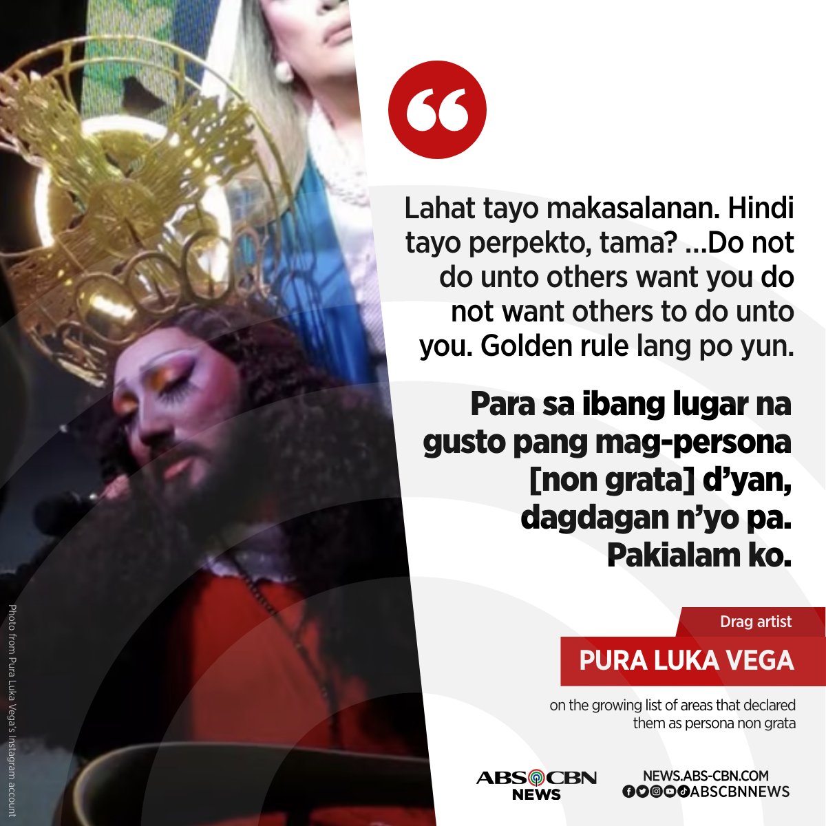 “Dagdagan n’yo pa. Pakialam ko.”

Pura Luka Vega seems to just dust off their shoulders the weight of being declared persona non grata in at least 14 areas in the country, and even challenges others to follow suit.

READ: abscbn.news/45k78Ng