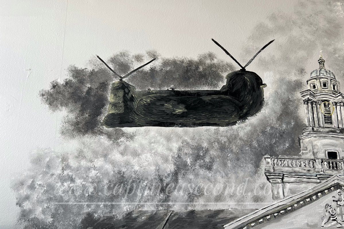 captureasecond's tweet photo. The Chinook pilot pulled so much collective that the wheels fell off… Part of a mural in our Sqn Crewroom… #chinook #raf #royalairforce #ch47 #wokkawednesday #humpdayheli #helicopter #aviation #avgeek #captureasecond #aviationlife #aviationdaily #military #verticalmag #heliweb https://t.co/c3TWIeNgcj