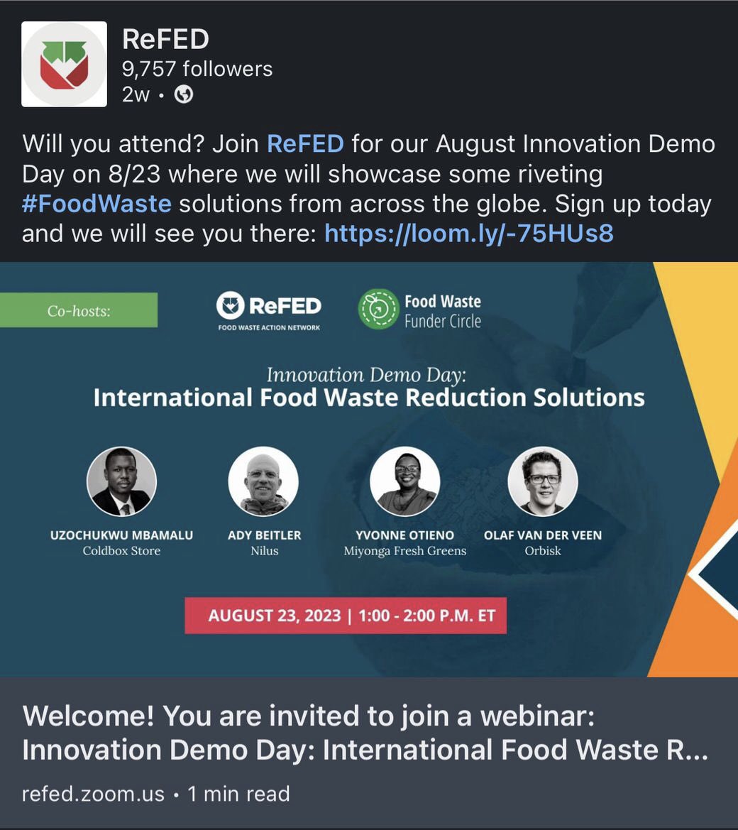 #Repost <a href="/ReFed/">ReFED</a> 

Will you attend? Join ReFed for our August Innovation Demo Day on 8/23 where we will showcase some riveting #FoodWaste solutions from across the globe. Sign up today and we will see you there: loom.ly/-75HUs8