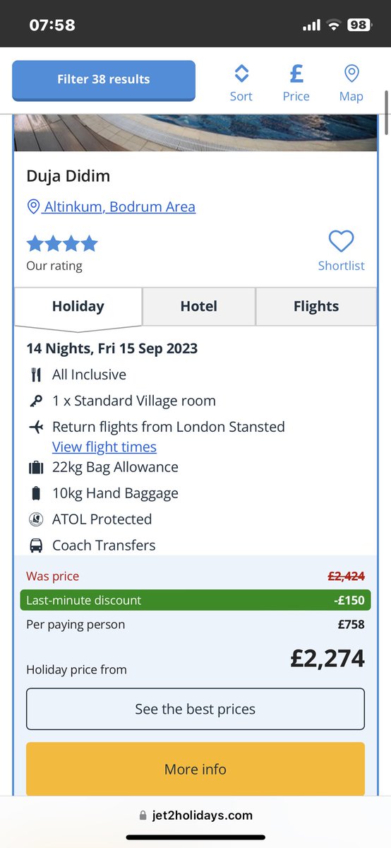 LarrisMG's tweet photo. @jet2tweets the price was £1996 yesterday so that’s a lie https://t.co/XrO7yXzTTD