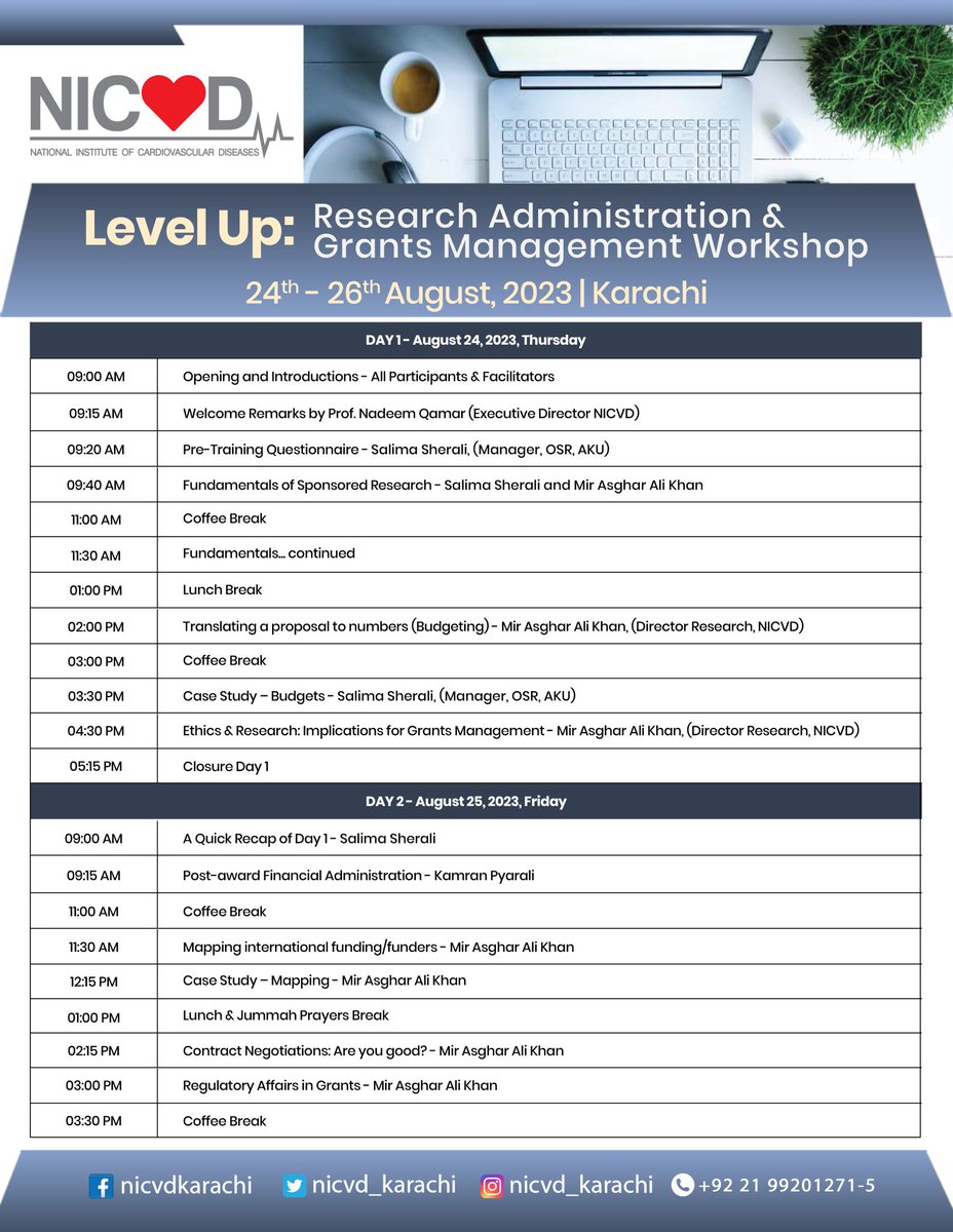 AsadAliMemon110's tweet photo. Elevate Your Skills: Explore the LevelUp Workshop on Research Administration & Grants Management, scheduled for Aug 24-26, 2023. Check the attached program outline for topic insights and schedule.
#NICVD #ResearchDepartment #LevelUpResearchWorkshop
#SindhGovt @BBhuttoZardari https://t.co/1bOVYA8aua