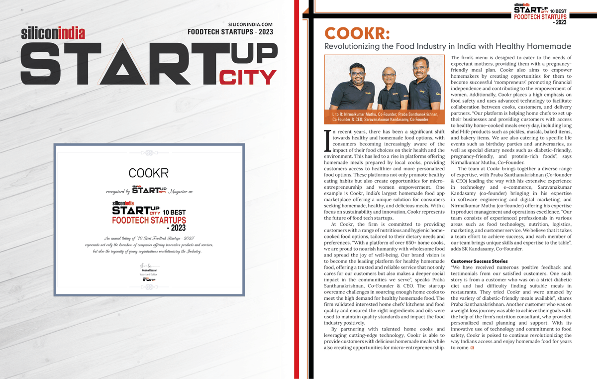 CookrIndia's tweet photo. Cookr has been honored as one of the '10 Best Foodtech Startups of 2023' by SiliconIndia.

This achievement is a testament to the dedication and hard work of every individual within our organization. Congratulations to the entire Cookr team for making this possible!

#CookrApp https://t.co/WebEtb5hxi
