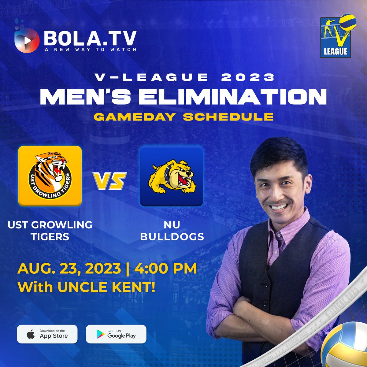 bolatvph's tweet photo. Uncle Kent is back for another #VLeaguePH action in the Men’s Division.

Watch his live later at 4:00 PM for the #UST Growling Tigers vs. #NU Bulldogs match-up on https://t.co/atidtgDxb0! https://t.co/T5JLQ1Jiq4