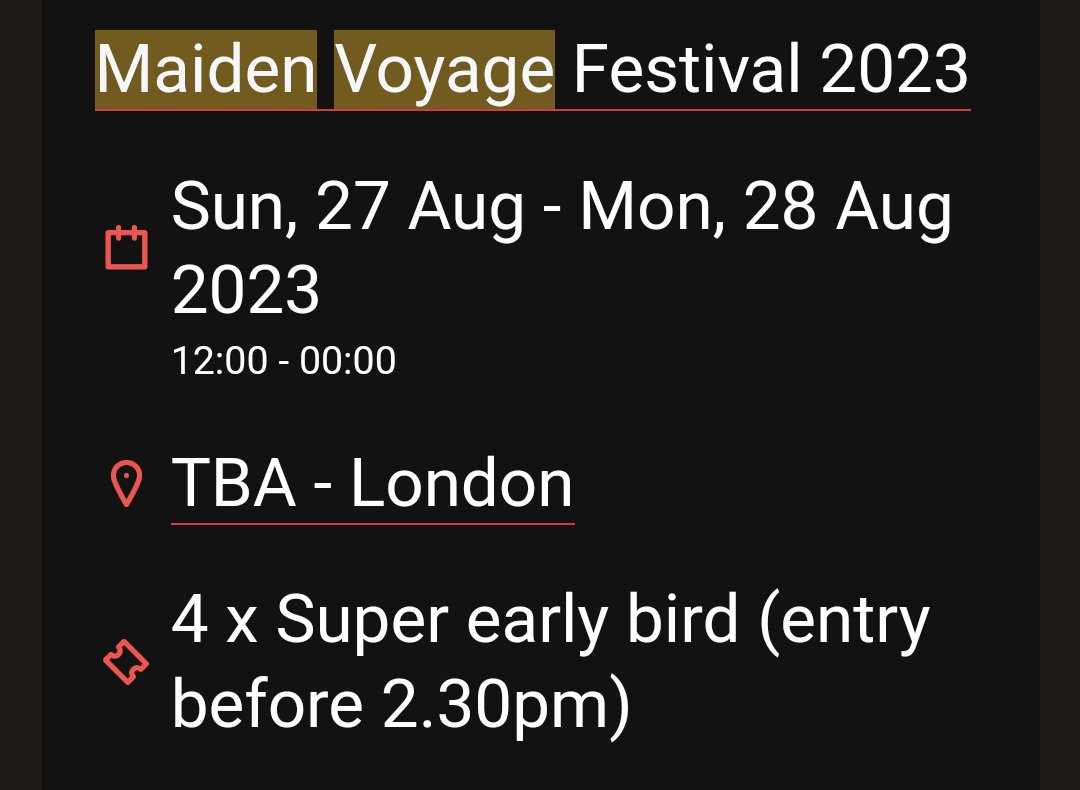 mbbxadam's tweet photo. I've got 4 Maiden Voyage tickets for sale. They're early access (before 2.30pm). £12.50 each or 4 for £50 https://t.co/J9OI29KbVR