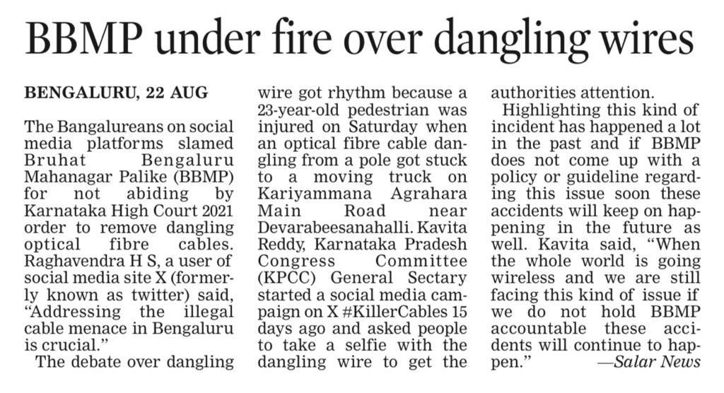 Riya__RC's tweet photo. Dangling wire issue persist in Bengaluru, citizens wonder when will BBMP take action! 

#killercables #BBMP #Bengaluru https://t.co/HZC9MQsTcR
