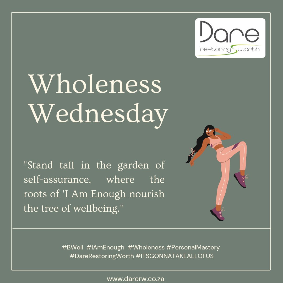 Wholeness Wednesday

'Stand tall in the garden of self-assurance, where the roots of 'I am enough' nourish the tree of wellbeing.' 

#BWell  #IAmEnough  #Wholeness #PersonalMastery 
#DareRestoringWorth #ITSGONNATAKEALLOFUS