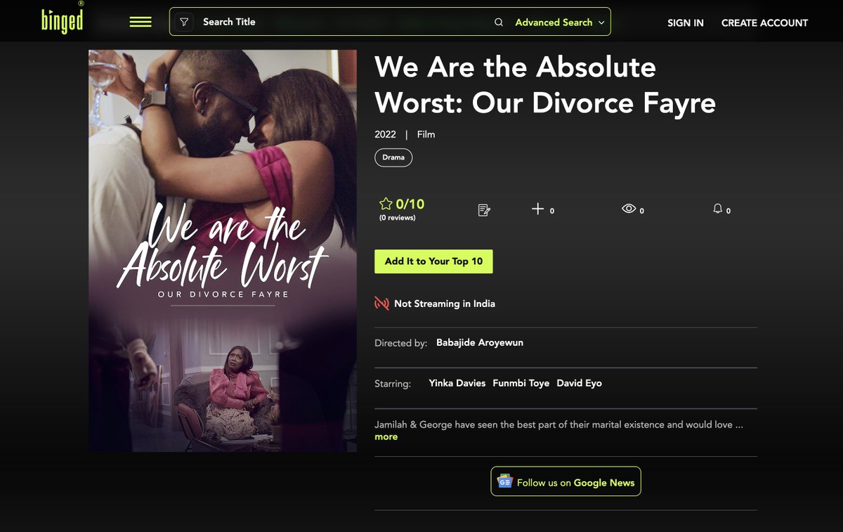 Interesting!

"We Are the Absolute Worst: Our Divorce Fayre" has also been on <a href="/Binged_/">BINGED</a> , India!

Apparently, it's been everywhere!

binged.com/streaming-prem…