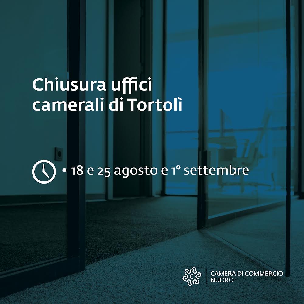 L'Ufficio camerale della sede distaccata di Tortolì sarà chiuso nelle giornate di venerdì 25 agosto e 1° settembre 2023.

Da venerdì 8 settembre l'ufficio riprenderà la regolare attività.

🔹 Info: shorturl.at/aLN15