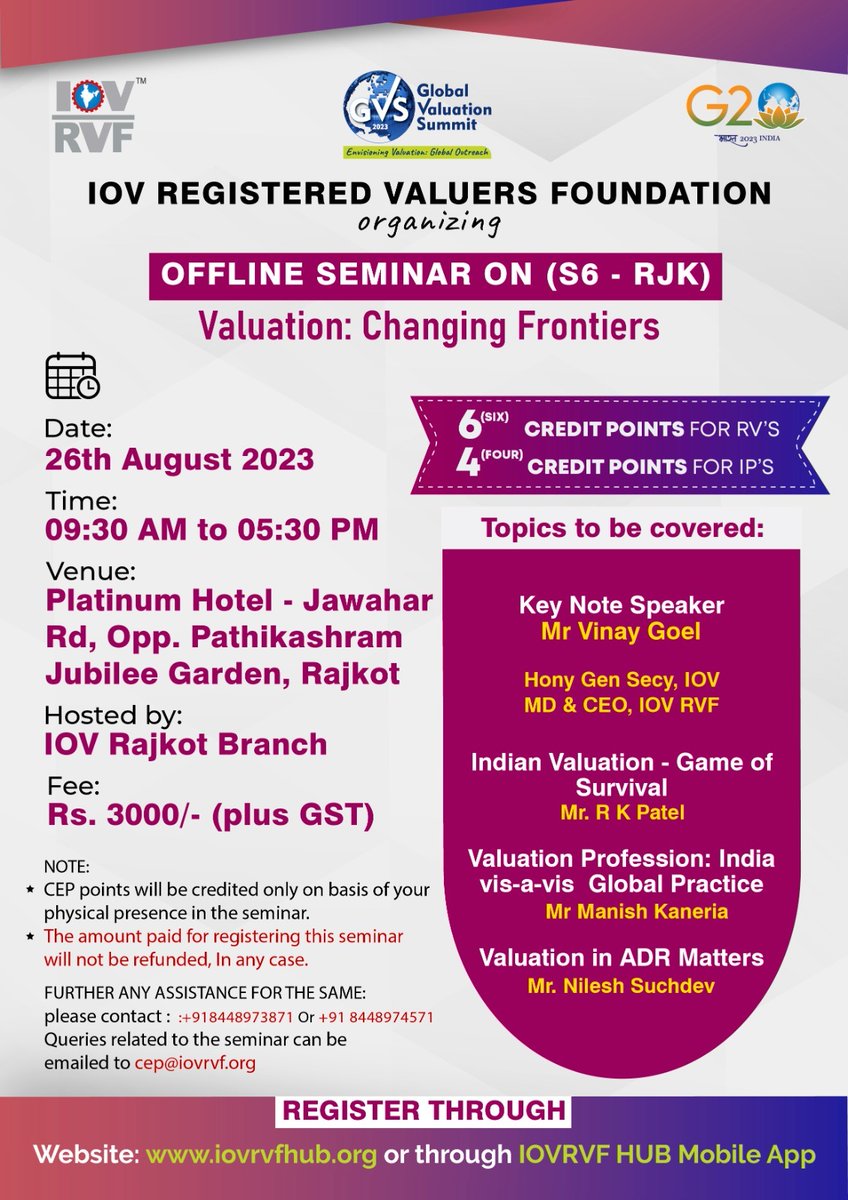 RBSAAdvisors's tweet photo. @IOVRVF is organizing an offline seminar in Rajkot on Valuation Profession and its evolving trends. The seminar is scheduled for August 26, 2023 at Rajkot.

Our eminent panel of speakers include Mr. Vinay K Goel, Mr. R. K. Patel, Mr. Manish Kaneria, Mr. Nilesh Suchdev. https://t.co/moU9G6MQ6V