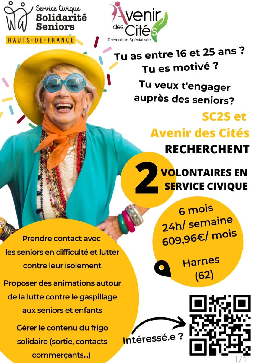 🔴A partager un MAX 🙏
➡️ <a href="/AvenirdesCites/">AvenirdesCites62</a> recherche 2 volontaires en <a href="/ServiceCivique/">Service Civique</a> pour réaliser une mission sur la Thématique de la Solidarité intergénérationnelle pour Lutter contre le gaspillage alimentaire
👉Pour voir offre de mission complète scanner le QR code 📲⤵️