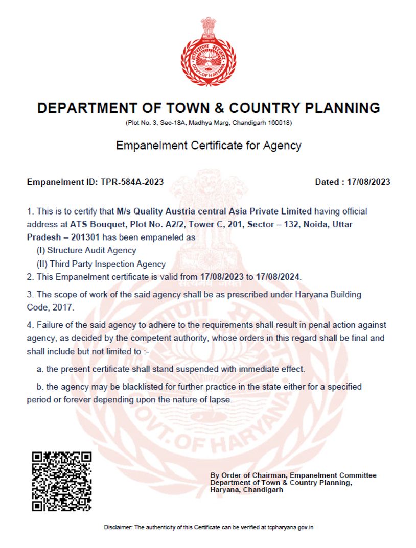 Quality Austria Central Asia is the first Company to be successfully empaneled by the Department of Town and Country Planning, Government of Haryana to conduct Structural audits and third-party Inspections.

#StructuralAudit #BuildingSafety #StructuralIntegrity #SafetyAssessment