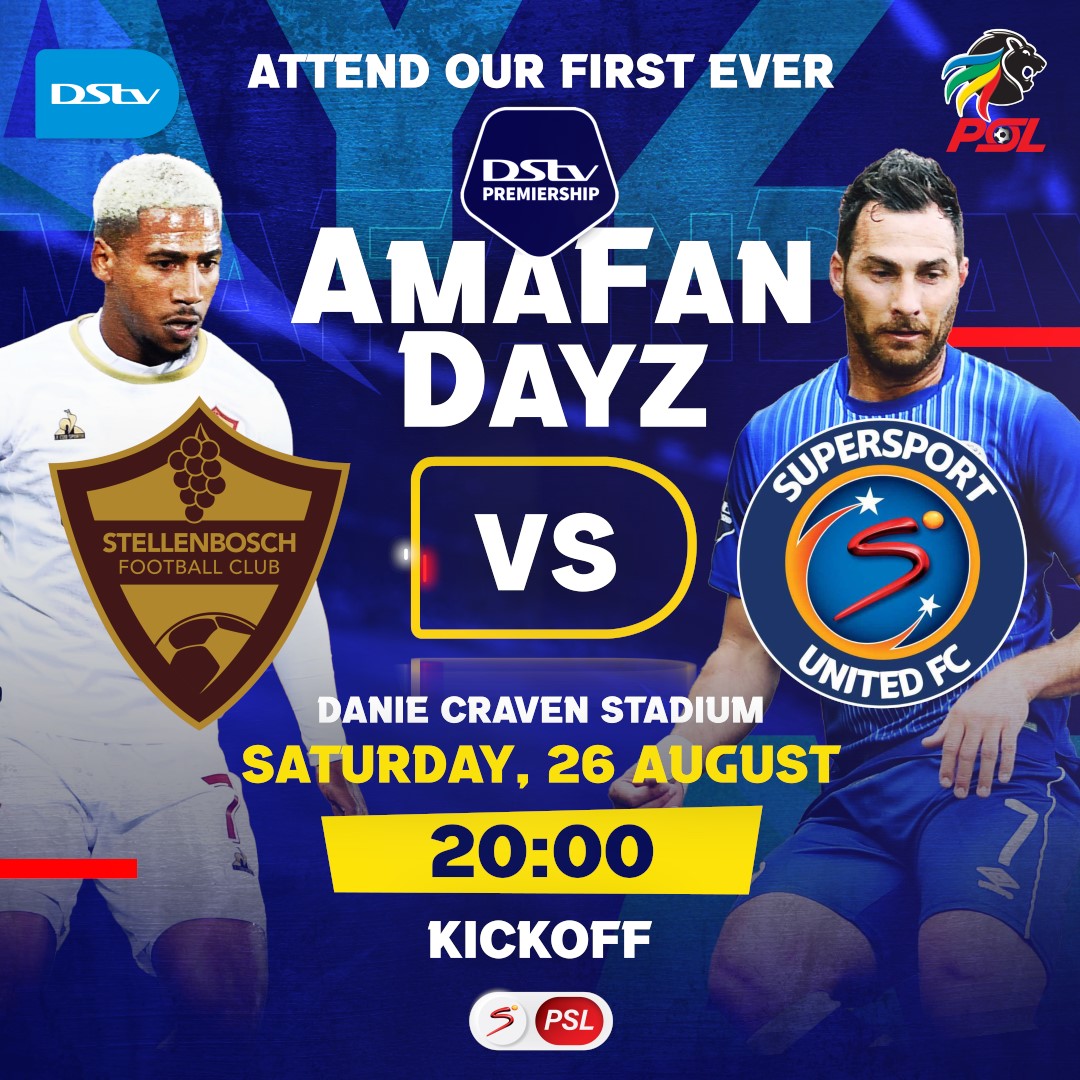 StellenboschFC's tweet photo. We will be hosting the first ever 𝗔𝗺𝗮𝗙𝗮𝗻𝗗𝗮𝘆𝘇 game at the Danie Craven Stadium this weekend 🔥

Tickets are available at 𝗥𝟱𝟬 at https://t.co/Nwo32YgSpk and Pick 'n Pay outlets🎟️

The first 5️⃣0️⃣0️⃣ fans to arrive and sign up could stand a chance to win up to 𝗥𝟮𝟬𝟬 𝟬𝟬𝟬 🤩

#StellenboschFC 🍇