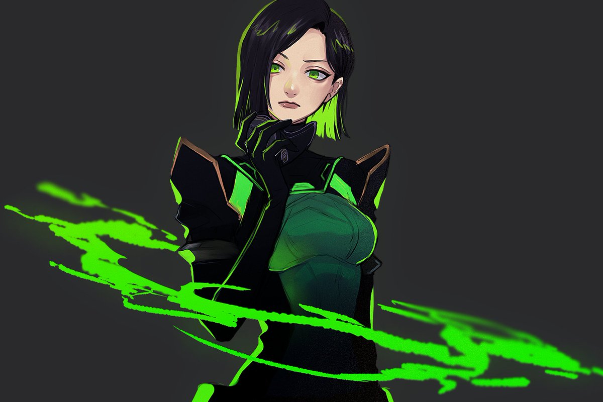 1girl solo green eyes black hair animification hair behind ear breasts  illustration images