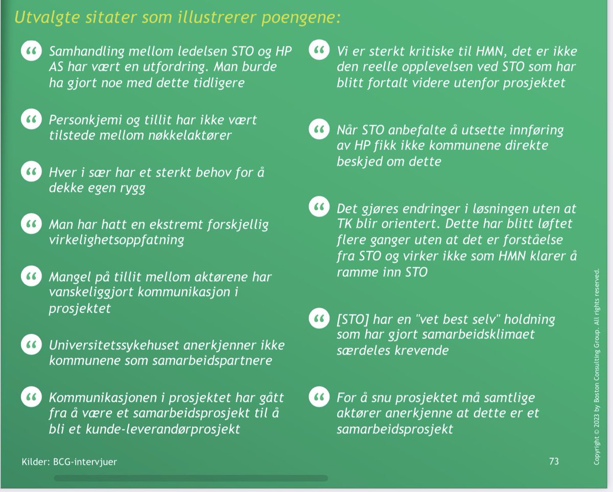 Jeg har aldri tidligere lest en granskings- eller evalueringsrapport med så knusende kritikk som det Helseplattformen-arbeidet får her. Kvalitetssikring fraværende. Ingen kostnadskontroll. Råd ble ignorert. Styring ufullstendig. 
Disse sitatene sier jo også sitt: