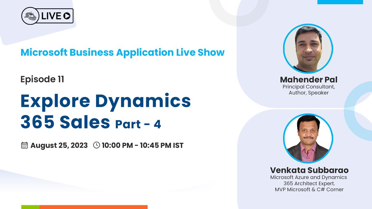 CSharpDotTV's tweet photo. Join @Himbapinfo & @Venkata48681009
for the next episode of Microsoft Business Application live show on August 25 at 10:00 PM (IST).
Live streaming at https://t.co/NX65QdfLOL
#Microsoft #MicrosoftBusinessApplication #Dynamics365 #PowerPlatform #PowerApps https://t.co/It6gyjf6JM