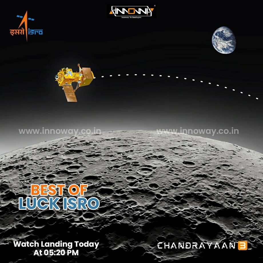 innoway_tech's tweet photo. #Innoway #BestOfLuck #ISRO #Chandrayaan3 #Chandrayaan3Landing #India #Moon 🌕🇮🇳🚀 https://t.co/CB3OHH5bxT