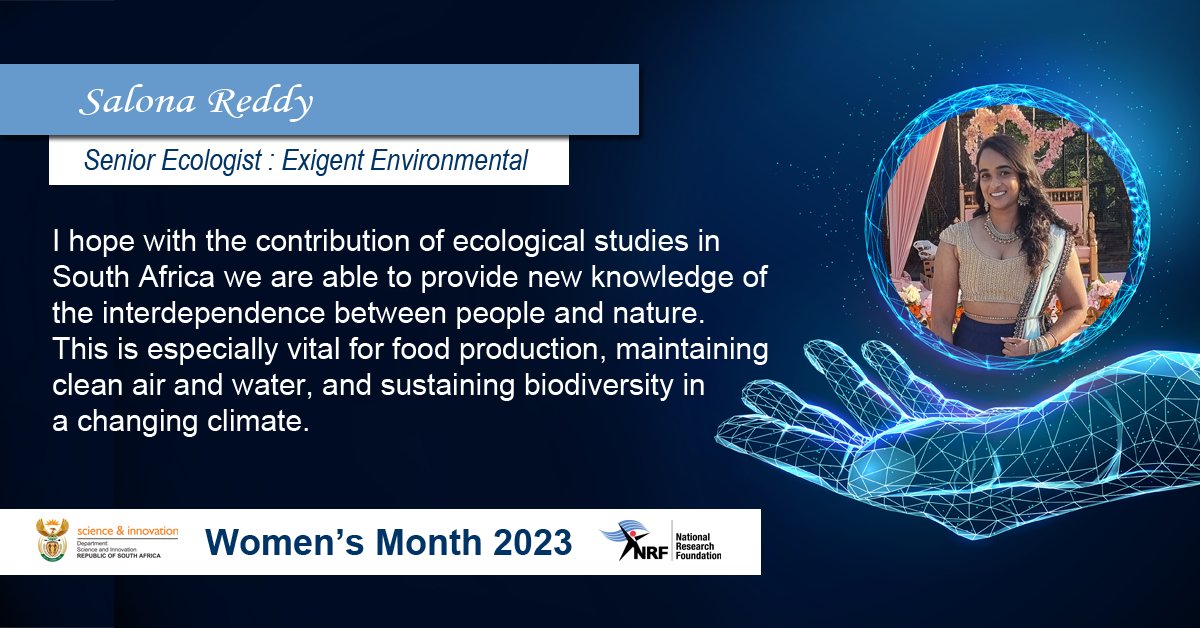 NRF_News's tweet photo. Meet NRF alumna, @Salona_ , a Senior Ecologist and registered Professional Natural Scientist at Exigent Environmental: https://t.co/lGifJM5sUP. Her focus is fauna, flora, wetland, and riparian assessments, rehabilitation plans, and search-and-rescue operations.
#WomensMonth2023 https://t.co/B7tIdEIWmh
