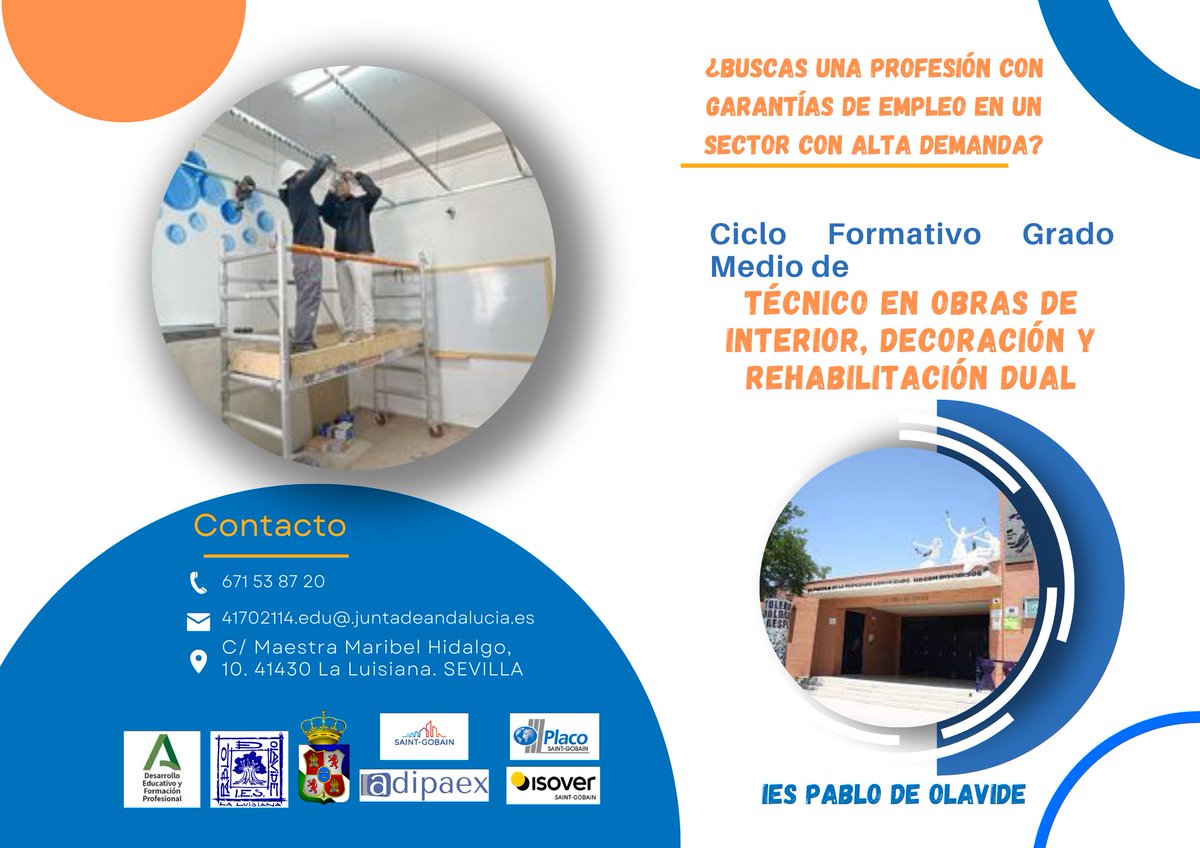 Si aún no estáis matriculad@s para 
2023/24 en <a href="/FPAndaluza/">Formación Profesional Andaluza</a>, del 1 al 4 septiembre hay plazo extraordinario para solicitar plaza en nuestro Ciclo Grado Medio Técnico en Obras de interior, decoración y rehabilitación. <a href="/EducaAnd/">Consejería Desarrollo Educativo y FP</a> <a href="/AytoLaLuisiana/">Ayto. La Luisiana y El Campillo</a> <a href="/IgualdadAND/">Inclusión Social, Juventud, Familias e Igualdad</a> <a href="/aytoecija/">Ayuntamiento Écija</a>