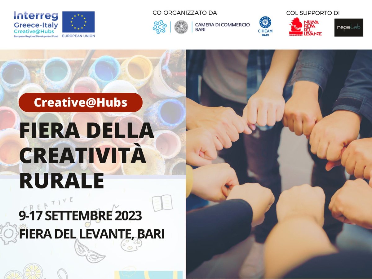 Interreg Greece Italy (@interreggr_it) on Twitter photo 📣 A GREAT OPPORTUNITY for Agri-food and Cultural&Creative companies or associations
➡ RURAL CREATIVITY FAIR in <a href="/FieraDelLevante/">Nuova Fiera del Levante</a> 9-17 Septem 2023
👉A free exhibition space to show your company, create network and share ideas
🔷Apply within 27 August 👉 bit.ly/RuralCreativit… 📣 A GREAT OPPORTUNITY for Agri-food and Cultural&Creative companies or associations
➡ RURAL CREATIVITY FAIR in <a href="/FieraDelLevante/">Nuova Fiera del Levante</a> 9-17 Septem 2023
👉A free exhibition space to show your company, create network and share ideas
🔷Apply within 27 August 👉 bit.ly/RuralCreativit…