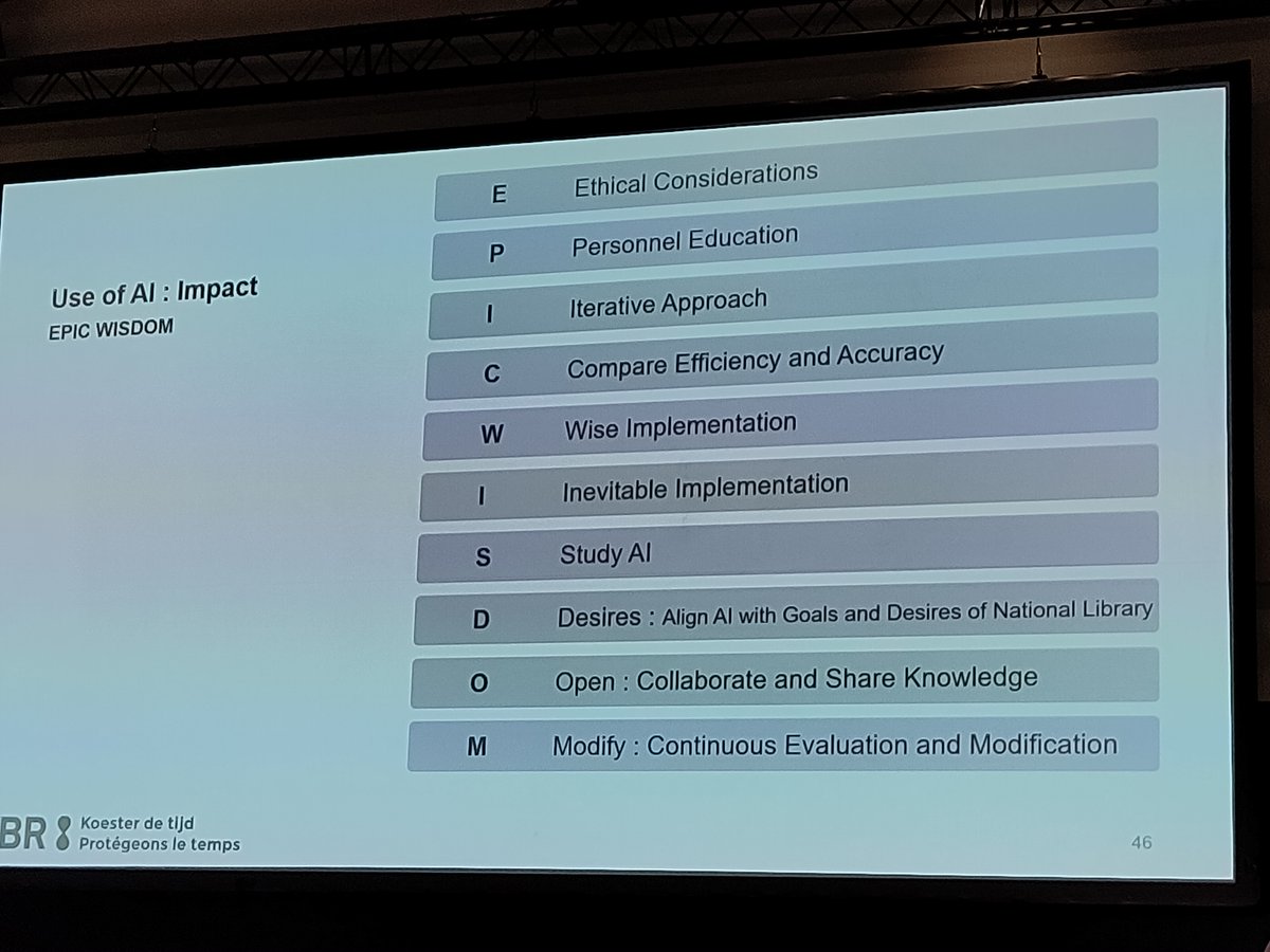 Hannes Lowagie from <a href="/kbrbe/">KBR</a> sums up the benefits and risks of #AI use in national libraries activities and concludes with guidelines for managing impact #WLIC2023 #IFLA