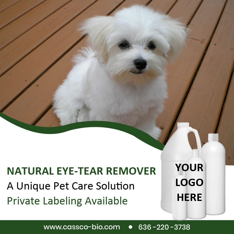 Our natural eye tear remover is one of our many pet grooming products available for private label. We also private label a full line of 100% natural pet treats and pet supplements. We have low minimum run sizes and offer free custom label designs for all private label customers.