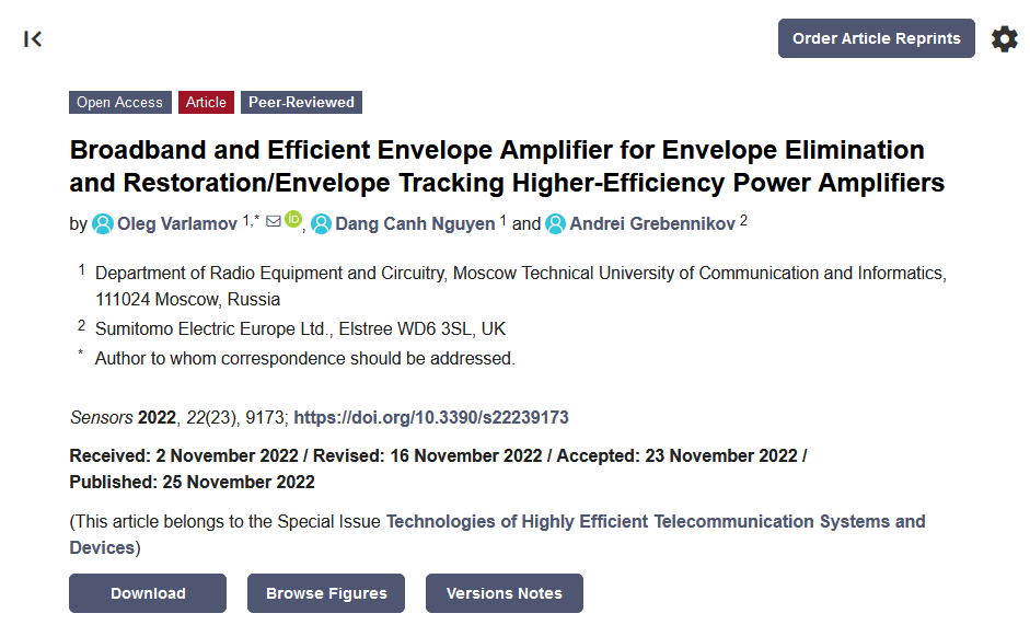 Sensors_MDPI's tweet image. #highlycitedpaper
Broadband and  Efficient Envelope Amplifier for Envelope Elimination and  Restoration/Envelope Tracking Higher-Efficiency Power Amplifiers
mdpi.com/1424-8220/22/2…
#EnvelopeTracking #CircuitOptimization #OFDM #ProbabilityDistribution