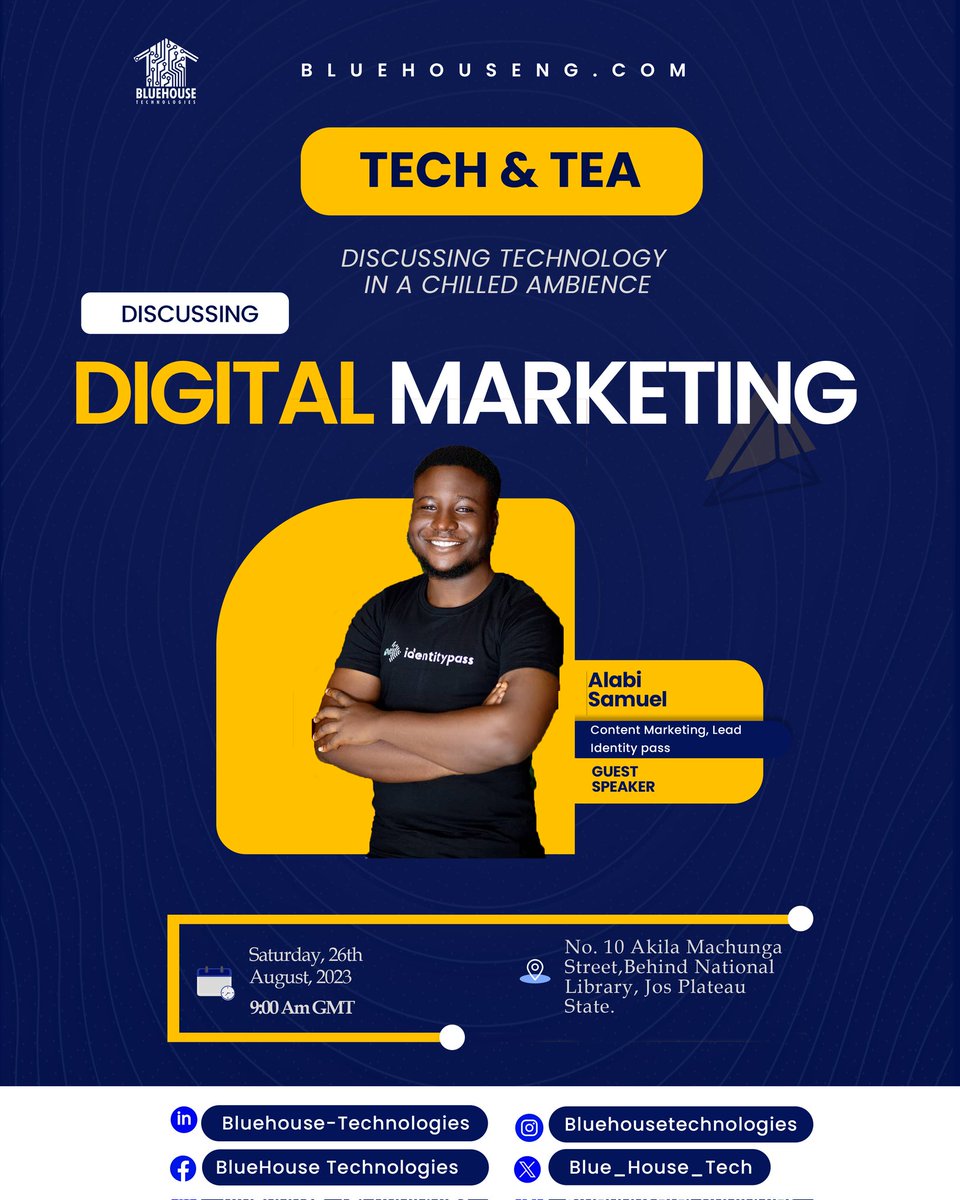Blue_House_Tech's tweet image. 📣 Join us this Saturday as Alabi Samuel - The Content Marketing Lead at Identitypass, he&apos;ll delve into the power of impactful content.

#DigitalMarketing #TechEvent #BluehouseTechnologies #TechSolutions #BusinessSolutions #InnovativeSolutions #TechTraining #MentorshipProgram