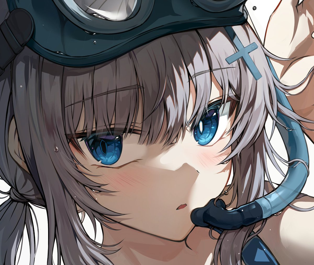 shiroko (blue archive) ,shiroko (swimsuit) (blue archive) 1girl solo blue eyes cross hair ornament goggles grey hair mismatched pupils  illustration images
