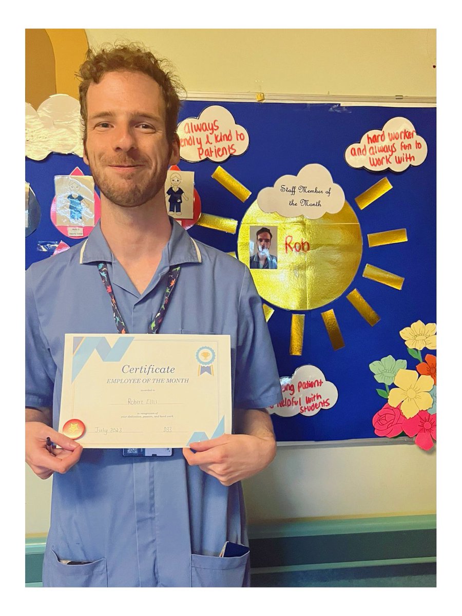 WardD33QMC's tweet photo. D33’s staff member of the month for July goes to the fantastic Rob!
Rob was nominated for always being friendly &amp; kind to patients, very hard worker &amp; always fun to work with &amp; always being patient &amp; friendly to all our lovely nursing students🥰 what a superstar, well done Rob🌟 https://t.co/IcCVpeDpIB