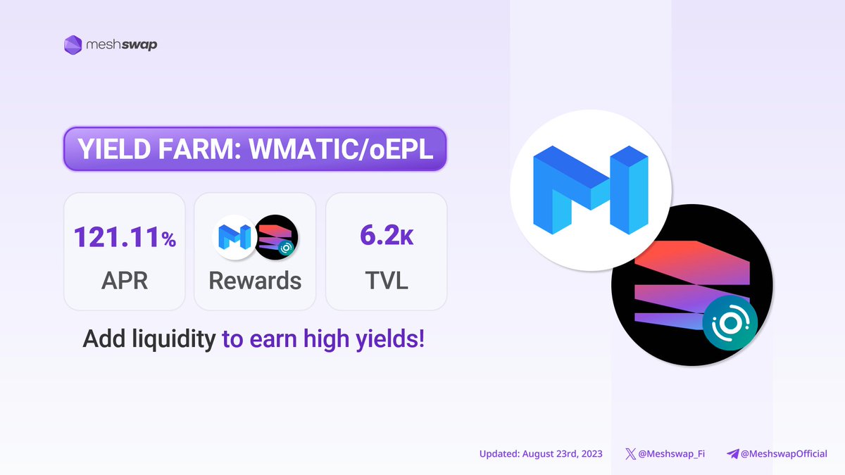 📢Meshswap Magazine

✨Yield Farm on @Meshswap_Fi is NOW LIVE👀

👇Deposit $WMATIC / $oEPL 120% APR💰
meshswap.fi/exchange/pool

#EPICLEAGUE #DEX #DeFi #Yield @0xPolygon #poweredbyPolygon