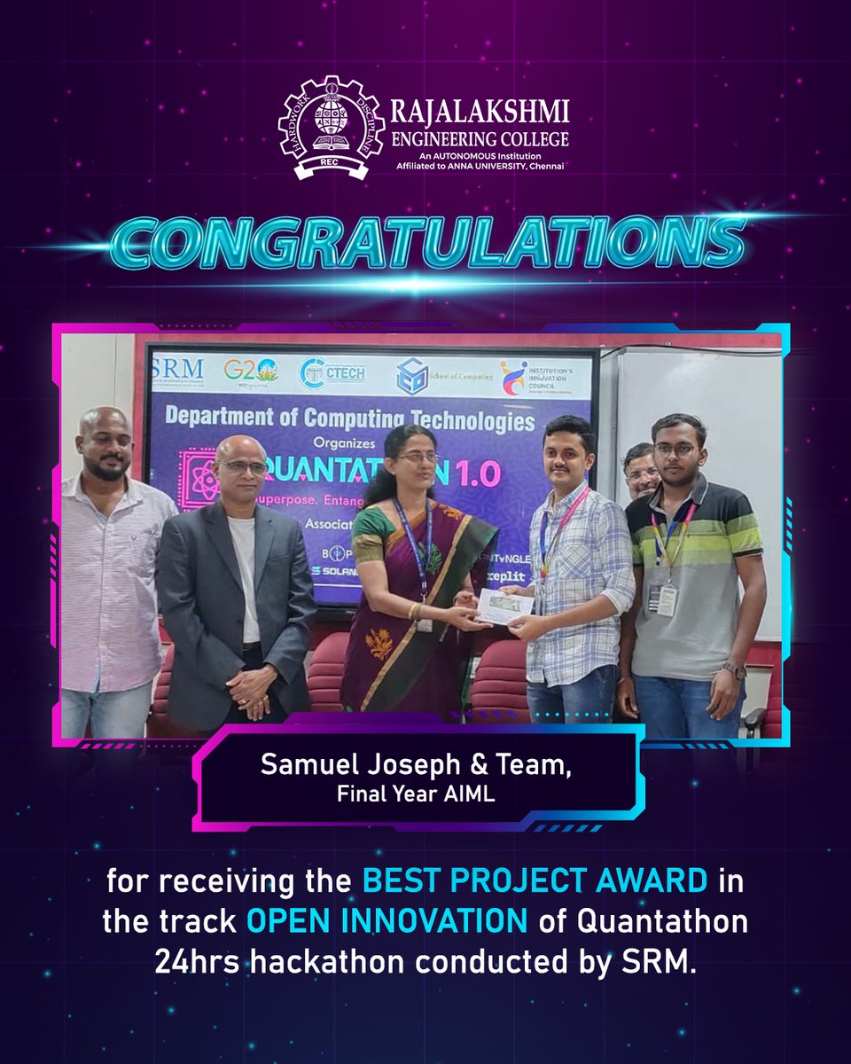 myrecchennai's tweet photo. Congratulations Samuel Joseph &amp; Team, Final Year AIML. Your dedication, hard work, and achievements inspire us all.

#hackathon #openinnovation #quantathon #REC #naac #Rajalakshmiinstitutions #RajalakshmiEngineeringCollege #EngineerTheFuture #EngineerYourFuture #Engineering https://t.co/vxCS3mT2wz