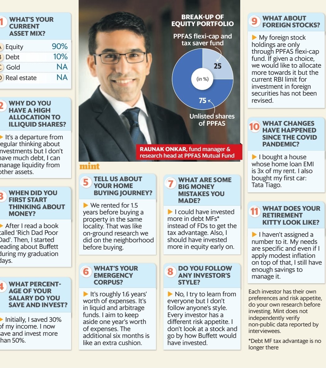 Today we profile @oraunak. With almost 3/4ths of his net worth in @PPFAS, the alignment with the AMC is massive. Raunak's story itself is unusual, do have a read. livemint.com/money/personal… Story by @sashindnj