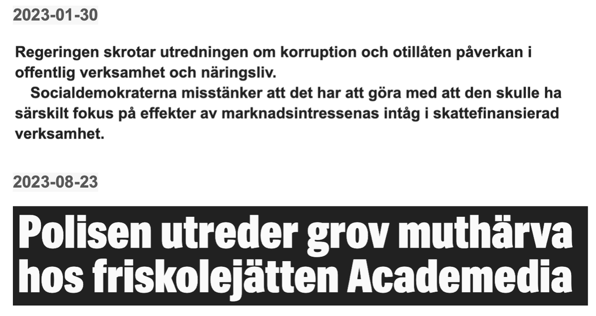 kalledram's tweet photo. I Januari lade regeringen ned utredningen om att motverka korruption.
Idag avslöjar Expressen att en tidigare anställd vid  Academedia åtalas för grovt tagande av muta från ett byggbolag.

Högern slarvar bort Socialdemokraternas historiska offensiv mot arbetslivskriminaliteten... https://t.co/CvIktS79dv