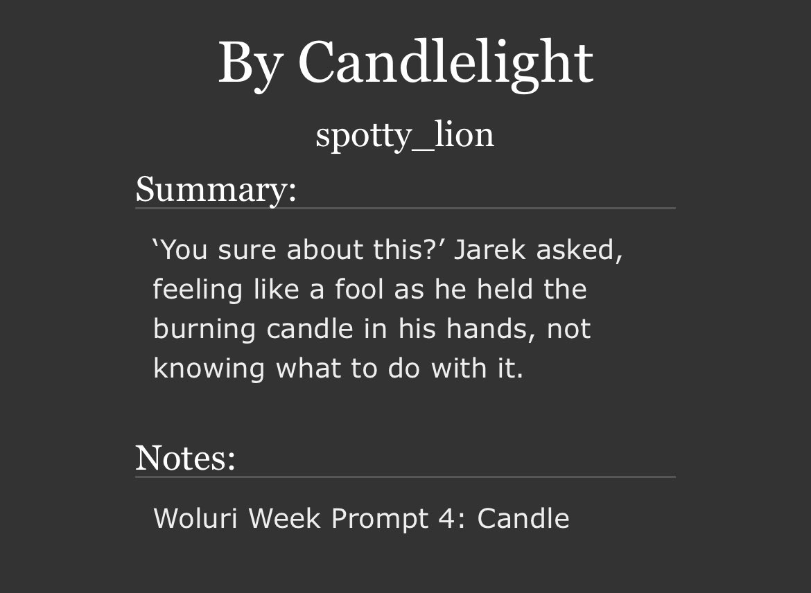 spotty_lion's tweet photo. Prompt 4: Candle

This one is NSFW!

https://t.co/AXtptWf73V

#woluriweek #woluriweek2023 https://t.co/yIHXl8gS5a