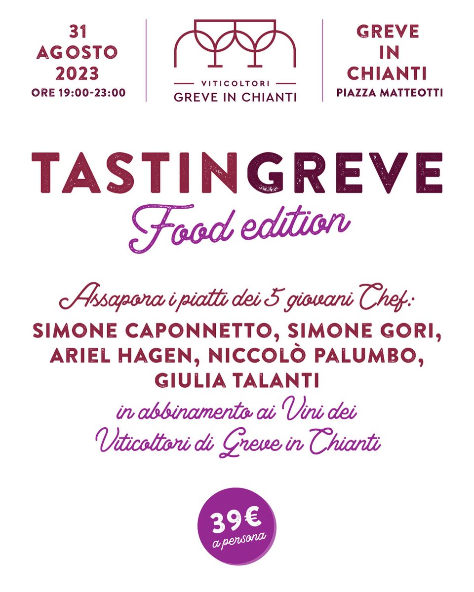 🍷TASTINGREVE | FOOD EDITION
Giovedì 31 AGOSTO saremo al #Tastingreve Food Edition con i #ViticoltoridiGreveinChianti e le splendide creazioni di 5 chef abbinate ai migliori vini del #territorio.

🍅Acquista ora il tuo biglietto per partecipare all'evento:
viticoltorigreveinchianti.com/esperienze/