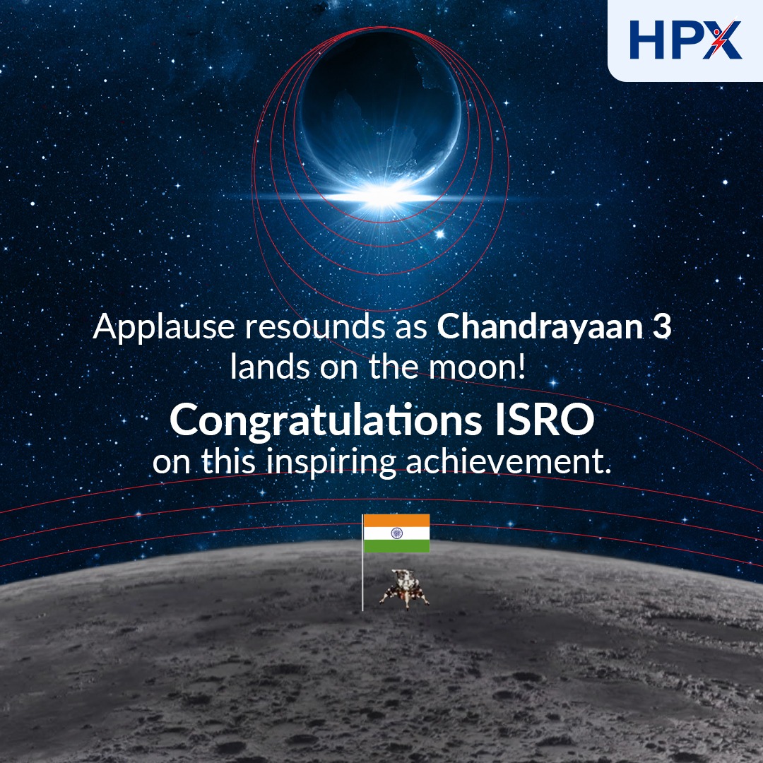 HPX_India's tweet photo. Applause echoes across the nation as Chandrayaan 3 lands successfully on lunar grounds! #HPX extends heartfelt congratulations to @ISRO for this monumental achievement. Your dedication and innovation inspire us all. #Chandrayaan3 #ISROSuccess https://t.co/5zFWvOsyj8