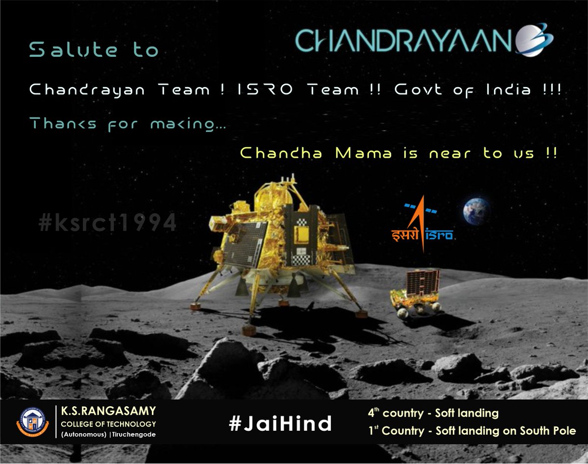 ksrct1994's tweet photo. Chandrayaan-3 Mission:

Salute to #Chandrayaan Team ! @isro Team !! Govt of #India !!! for the successful Soft landing of Chandrayaan-3 on the South Pole Moon.

First Country in the world to reach this milestone.

Thanks for making... 

Chandha Mama is near to us !! https://t.co/S2ar3S6ReH