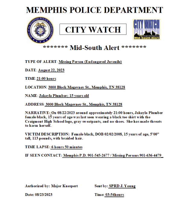 MEM_PoliceDept's tweet photo. ***City Watch***

Have you seen Jakayla Plumber? https://t.co/1dQb1aEaYT