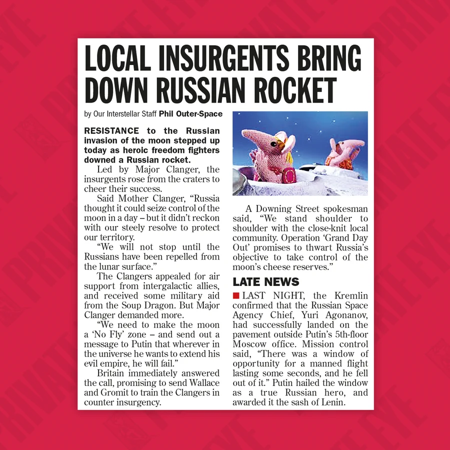 A news cutting revealing that the Russian rocket was downed by heroic Clangers.