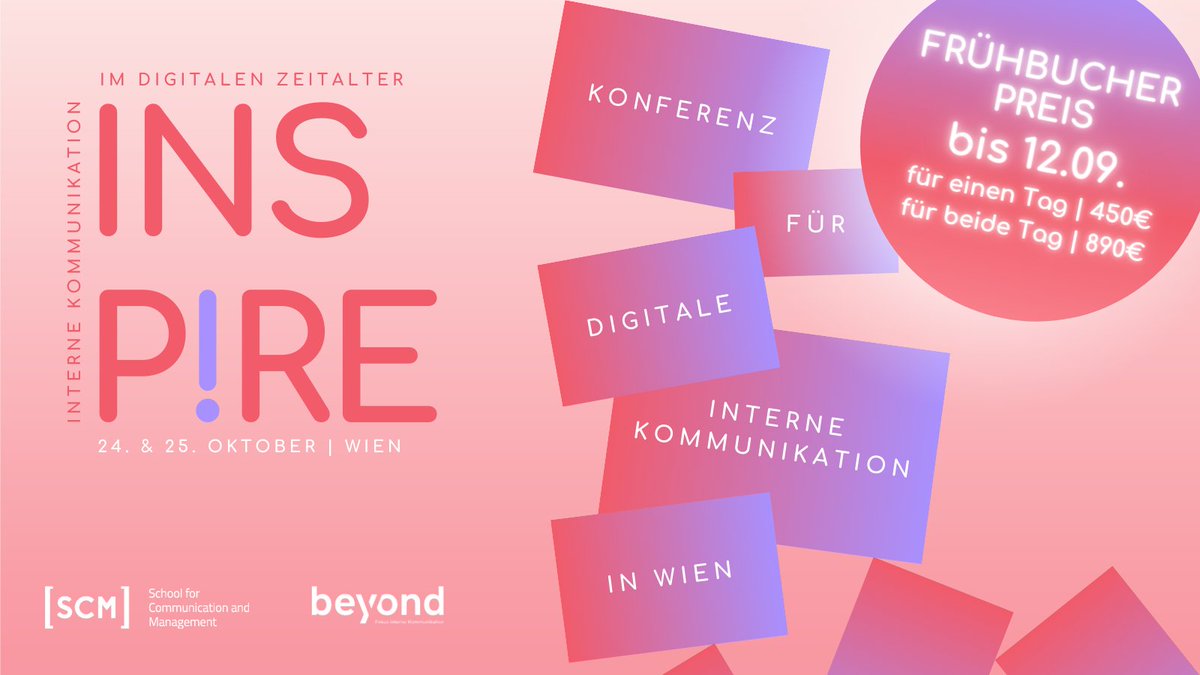 INSP!RE-Konferenz für #InterneKommunikation, 24.-25. Okt. '23 in Wien 🇦🇹

💡 #Frühbucher bis 12. Sep. – verpasse nicht den Deal!

📚 10 Workshops, 10 Best Cases, 3 Keynotes, 2 Panels – Gestalte mit uns die Zukunft der internen Kommunikation.

🎟️ Tickets: bit.ly/3P5mmQv.