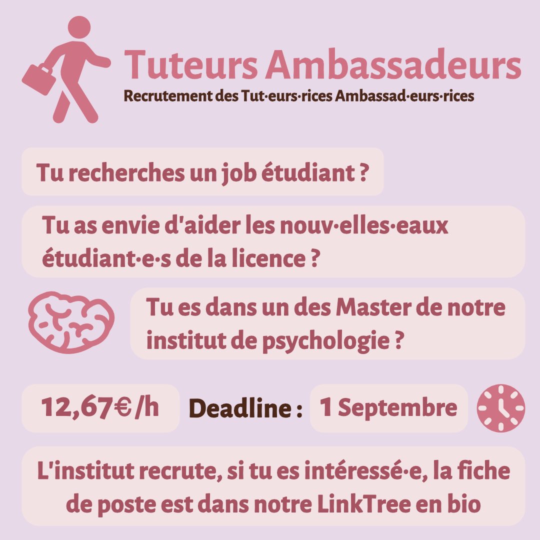 Abcpsy2's tweet photo. Tu cherches un job étudiant·e et tu souhaites en même temps aider les étudiant·e·s de notre licence dans leur insertion et orientation ?
Alors tu es fait pour être Tut·eur·rice ambassad·eur·rice à l'institut !

Pour plus d'infos,  c'est sur la fiche de poste dans notre LinkTree ! https://t.co/6JexQW7zTb